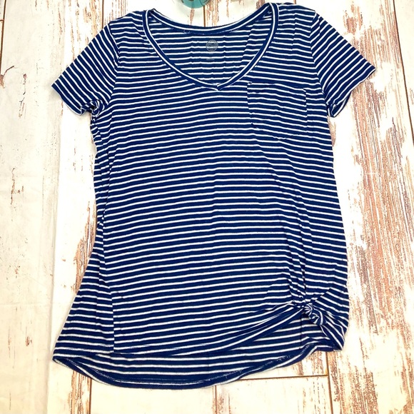 SO Relaxed Short Sleeve Shirt Navy Blue & White Striped Sz XXS - Picture 1 of 7